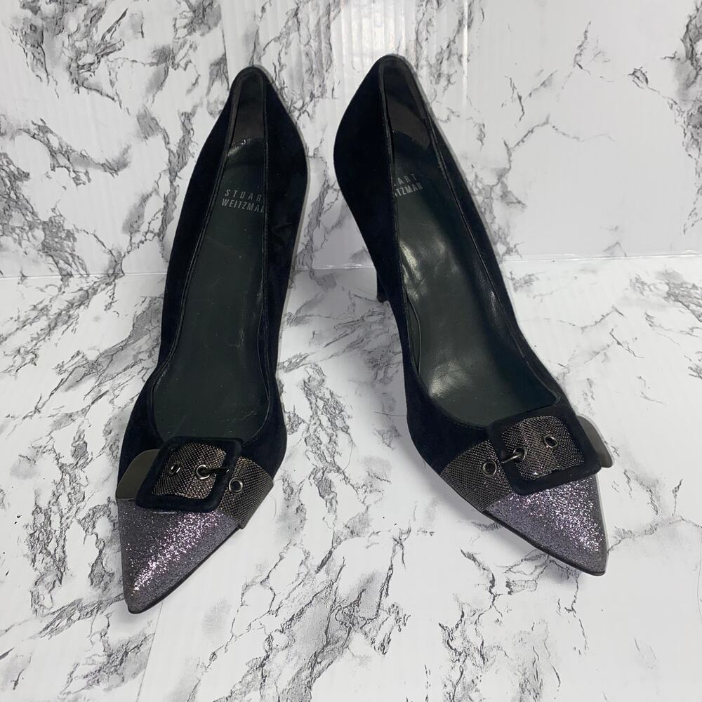 Stuart Weitzman Barrington Black Purple Glitter Buckle Heels Women's Size 9